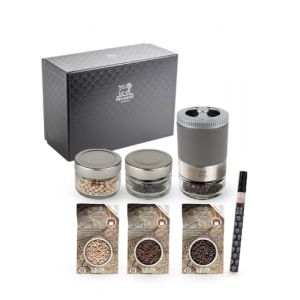 Peugeot Maestro Bar &agrave; poivres - moulin &agrave; poivre u'Select accompagn&eacute; de 3 grands crus de poivres, de 3 r&eacute;servoirs interchangeables, gris roche