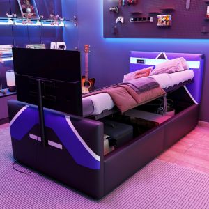 Lit gaming 90x200 enfant/ado, coffre hydraulique, LED RGB, support TV 10-26", PU,noir