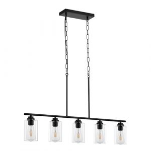VEVOR Éclairage d'îlot de cuisine, 5 lumières, lampe suspension linéaire de ferme 60 W, avec abat-jour en verre transparent, 4 tiges et 2 chaînes en métal, luminaire réglable pour salle à manger, E27