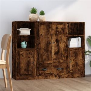 VidaXL Buffets 3 pcs chêne fumé bois d'ingénierie, armoire, armoire de rangement, buffet haut, armoire latérale, armoire haute, armoire console