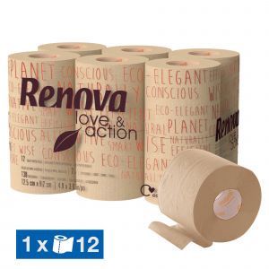 Renova 12 rouleaux papier toilette Love & Action fibres recyclées 2 épaisseurs