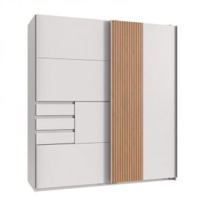Wimex Armoire CYBORG 2 portes coulissantes 3 tiroirs décor blanc rechampis aspect clayettes chêne artisan
