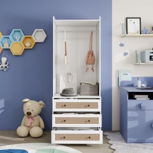 Armoire blanche - avec trois tiroirs -penderie avec étagère de rangement de style bohème -70x48x180 cm