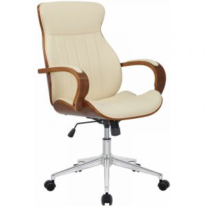 Décoshop26 Fauteuil de bureau avec roulettes similicuir crème et bois noyer hauteur réglable BUR10462