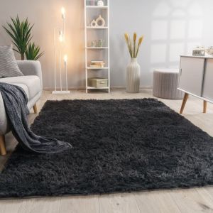 Tapis De Salon Poils Longs Fausse Fourrure Shaggy Moelleux Monochrome, Dimension:200 cm Rond, Couleur:Anthracite