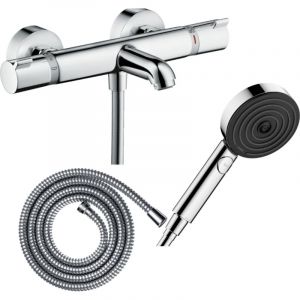 Hansgrohe Pack mitigeur bain douche thermostatique Ecostat Comfort + Flexible Metaflex 160 cm + Pommeau de douche Pulsify Select EcoSmart 105 3 jets relaxation chromé