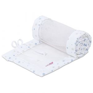 Image de Babybay Tour de lit en maille piqu&eacute;/bordure de lit pour lit d'appoint/protection contre les chocs pour lit de b&eacute;b&eacute;, convient pour mod&egrave;le Boxspring XXL, blanc m&eacute;lange d'&eacute;toiles sable/bleu azur