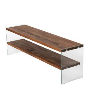 Menzzo Meuble tv minimaliste Wako L140cm Verre Transparent et Bois massif foncé