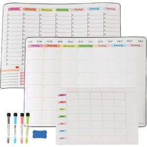 Relaxdays Tableau blanc pour r&eacute;frig&eacute;rateur, set de 3, planificateur hebdomadaire, mensuel et des repas, A3 et A4, blanc