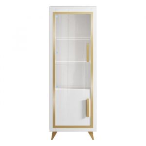 Altobuy - jemma - Vitrine 1 Porte Gauche Laquée Blanc et Décor Doré avec Leds