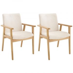 Lot de 2 chaises avec accoudoirs en velours c&ocirc;tel&eacute; et bois d'h&eacute;v&eacute;a - Cr&egrave;me - FILDON