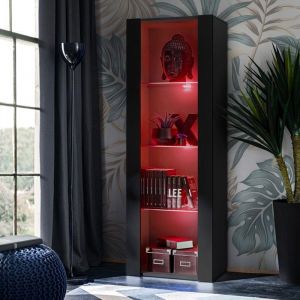 Vitrine Armoire Tivoli, Noir/Noir, Largeur 55cm x Hauteur 159cm x Profondeur 35cm, led rgb, 3 étagères, pour Salon, Chambre, Entrée - Komodee