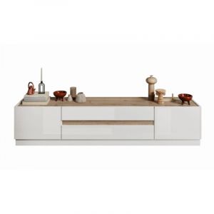 Meuble TV 205cm collection FANZY. Coloris blanc laqué et chêne clair, idéal dans un salon design