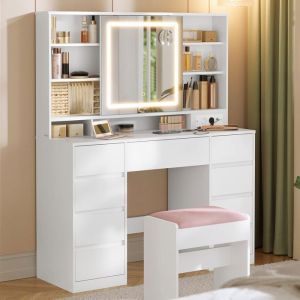 Coiffeuse 9 tiroirs tabouret loupe 10x éclairage 3 couleurs blanc