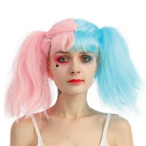 Ruedelafete Perruque Arlequin Avec Couettes - Ptit Clown - 23615 - Accessoire Déguisement Carnaval, Halloween, Cosplay, Fête - Rose, Bleu