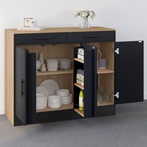 Idmarket Buffet bas de cuisine 110 cm ALTO avec rangements fa&ccedil;on h&ecirc;tre et noir