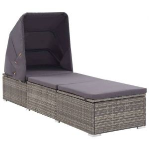 Transat chaise longue bain de soleil lit de jardin terrasse meuble d'extérieur avec auvent et coussin résine tressée gris 02_0012273
