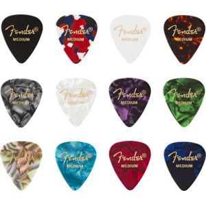 Fender ©"351 Medley" Médiators en celluloïd pour Guitare et Basse - Couleurs variées - Medium - Set de 12