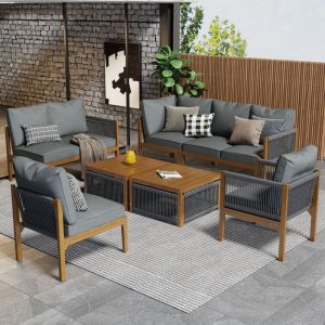 Image de Salon de jardin modulable en bois d'acacia - adapt&eacute; pour 7 personnes - 2 canap&eacute;s, 2 fauteuils et 2 tables basses - Gris