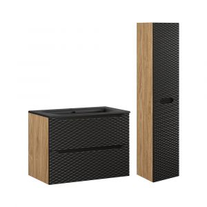 Ensemble meuble simple vasque encastrée 80cm et colonne Elora Noir et bois