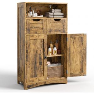 Bealife - Meuble Rangement Salle de Bain Armoire Bas Moderne 108cm 2 Tiroirs Modulables Étagères Réglables 2 Portes Marron 60x30x108cm