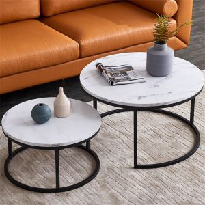 Table Basse Gigogne Ronde Lot de 2- Structure en Métal Table Basse Marbre - 80 x 45 cm (ø x h) et 60 x 33 cm (ø x h) Noir