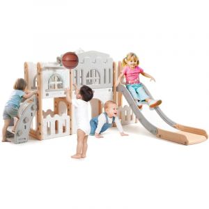 Lunsy - Toboggan pour Enfant 8 en 1 avec Échelle d'escalade, Panier de Basket, Télescope et Tunnel de Jeu pour Enfants Aire de Jeux - Rose