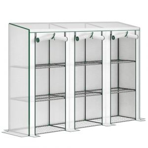 Outsunny Serre de jardin - &eacute;tag&egrave;res m&eacute;talliques &agrave; 3 niveaux - 3 portes enroulables zipp&eacute;es - toit inclin&eacute; - 215 x 46 x 151cm blanc