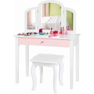 Coiffeuse pour Enfants 2 en 1 avec Miroir Amovible et Pliable, 1 Grand Tiroir Style Princesse Blanc - Costway