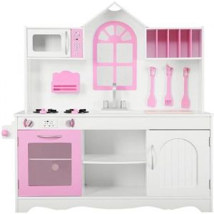Costway Cuisine Enfants Dinette En Bois Avec Evier, Four, Micro-Ondes,Cuisinières, 3 Spatules, 109 X 32 X 106,5 Cm Rose