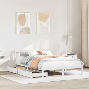 VidaXL Cadre de lit avec tiroirs blanc 140x190 cm bois de pin massif, sommier, cadre de lit double, cadre de lit en bois massif