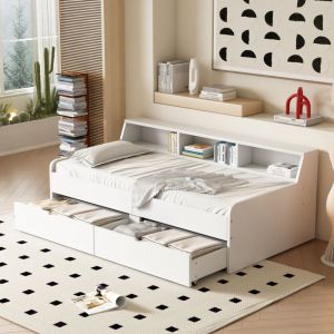 Lit gigogne Lit enfant 90 x 200 cm avec 2 tiroirs et rangement, blanc