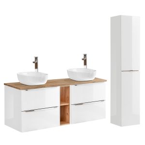 SANS Ensemble meuble double vasque 140cm 2 niches et colonne April Blanc et Bois
