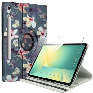 Coque + Verre Tremp&eacute; pour Samsung Galaxy Tab S9 FE / S10 FE (10,9 Pouces) Protection Rotation 360&deg; - Motif Fleur