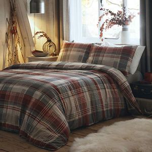 Dreams & Drapes - Housse de Couette à Carreaux Rouges - 230 x 220 cm - 2 taies d'oreiller - 100% Coton brossé Doux - Housse de Couette à Carreaux Gris et Rouge Bordeaux - Literie Rouge à Tartan