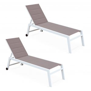 Sweeek Lot de 2 bains de soleil Solis en textil&egrave;ne matelass&eacute; transats 6 positions structure blanc textil&egrave;ne taupe
