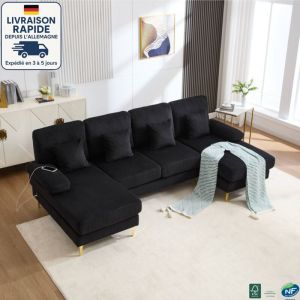 MODFU - Canap&eacute; d'angle 4 places avec 4 coussins, canap&eacute; en U LED, port USB, tissu velours c&ocirc;tel&eacute;, 265&times;135&times;88cm, noir