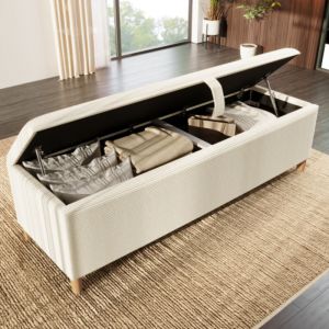 Banquette de lit avec espace de rangement, banquette de lit 145 x 38 cm, aspect velours c&ocirc;tel&eacute; beige