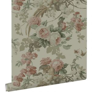 Estahome - papier peint fleurs et oiseaux vert grisé