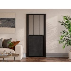 Bloc porte r&eacute;versible en aluminium et verre tremp&eacute; style atelier - H204 x L93 cm - Noir - ERMELO