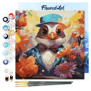 Figured'Art Mini Peinture par Numéro Adulte 20x20cm avec cadre Oiseau en smoking fantaisie et fleurs - Petit Format Kit de Loisir Créatif DIY Numéro d'Art Complet