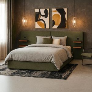 Menzzo Lit-coffre complet avec tablettes et ports USB intégrés Lukas 180x200cm Tissu Vert
