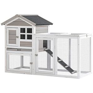 Pawhut Clapier Cage &agrave; Lapins Cottage - Niche sup&eacute;rieure avec Rampe et enclos ext&eacute;rieur - Plateau excr&eacute;ment, Toit bitum&eacute;, 4 Portes verrouillables - Bois Sapin Blanc Gris