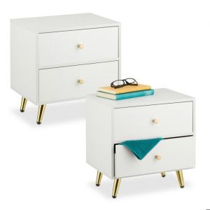 Relaxdays Table de chevet, lot de 2, 2 tiroirs, H x L x P : 41,5 x 40 x 32,5 cm, pour la chambre, blanc et doré