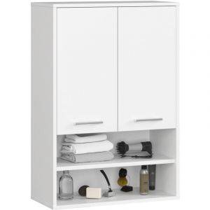 Akord - Armoire salle de bains suspendue fin Blanche 64 cm 2 portes façade Blanche 4 étagères 64x30x94 cm