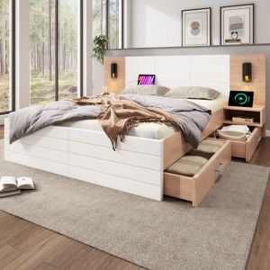 Lit double 180x200 cm en bois - avec 2 chevets et 2 tiroirs - 2 liseuses rotatives avec prise usb - Blanc & Naturel (matelas non inclus)