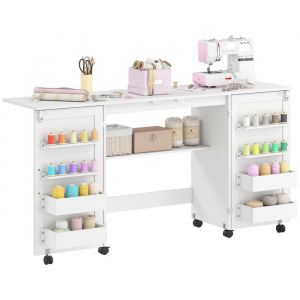 Homcom Table de Couture Pliante, Meuble Couture à roulettes avec 2 Portes magnétiques, 4 bacs, 20 Crochets et étagère de Rangement, Meuble Machine à Coudre pour Salon, Bureau, Studio, Blanc