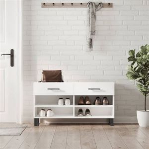 VidaXL Banc &agrave; Chaussures, Armoire &agrave; Chaussures avec 4 &Eacute;tag&egrave;res et Pieds, Meuble &agrave; Chaussures avec 2 Tiroirs Salon, Moderne, Blanc Brillant Bois d'Ing&eacute;nierie