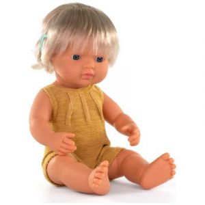 Miniland Baby Poupée caucasienne avec implant auditif, 38cm, Faite à la Main, avec Parfum. Poupées inclusives. Diversité. Colourful Edition.