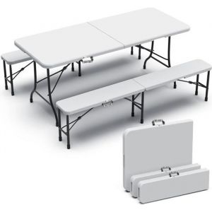 Image de VOUNOT Ensemble de Table et bancs camping pliables 180cm HDPE blanc